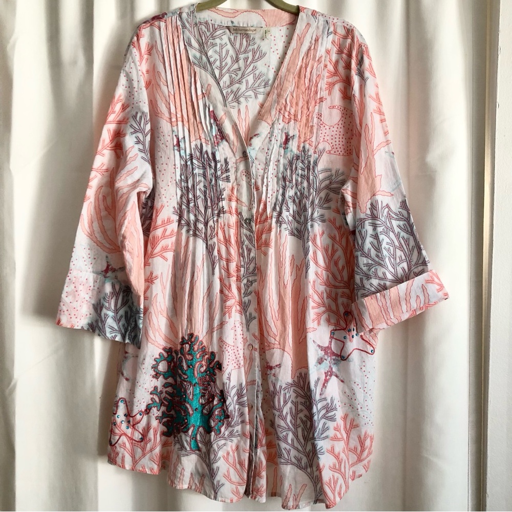 Soft Surroundings Coral Reef Teal Tunic Cotton Embroidered Sequin Blouse Top XL - Picture 2 of 12